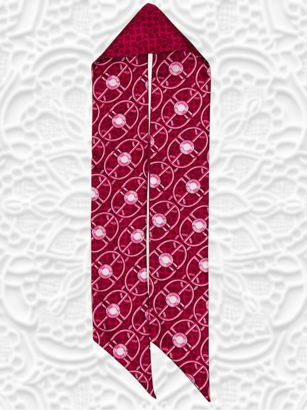COACH Buckles & Buttons Mini Signature C Skinny Scarf 💯 Silk in Magenta/Red - Picture 4 of 6